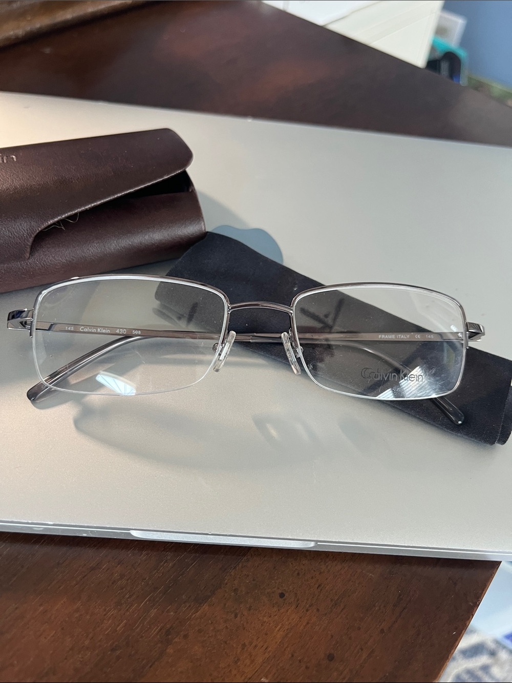 Calvin Klein New Men's Metal Semi-Rimless Rectangular Glasses in Silver